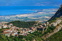 View of Cerchiara di Calabria and the Gulf of Sibari. Ionian sea, Calabria, Italy, June 2013.