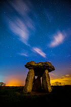 St Lythans Burial chamber, a 6000 year-old   Neolithic chamber with a 35 ton capstone at dawn, Vale of Glamorgan, Wales, UK, February