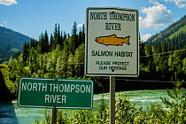 Sign for North Thomson river salmon habitat, British Columbia, Canada. July 2010.