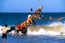 Fishermen launching boat into sea at the edge of the Banc d'Arguin National Park UNESCO World Heritage Site, Mauritania.