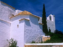 Santa Eularia church in Santa Eularia d'es Riu, Ibiza biodiversity and culture UNESCO World Heritage Site, Spain.