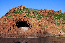 Cave in Volcanic rock (porphyre rhyolite) Scandola marine reserve,   Gulf of Porto UNESCO World Heritage Site, Regional Natural Park of Corsica, Corsica, France, September 2008.