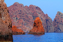Volcanic rock (porphyre rhyolite) Scandola marine reserve, Gulf of Porto UNESCO World Heritage Site, Regional Natural Park of Corsica, Corsica, France, September 2008.