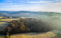 Aerial view of Sussex Weald with Rookery Wood in foreground, Sussex, England, UK, February.