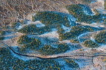 Aerial photograph of snow-covered string bogs/ aapa mires in the Muddus National Park. Laponia World Heritage Site, Swedish Lapland, Sweden. December 2016.