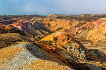 Parys Mountain disused copper ore mine showing view of the Great Opencast area in morning light. Near Amlwch north west, Anglesey North Wales, UK, September.