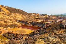 Parys Mountain disused copper ore mine showing precipitation ponds. Near Amlwch, north west Anglesey, North Wales, UK September.