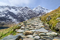 The Miners Track up Mount Snowdon on the right, with the summit back right. Snowdonia National Park, North Wales, UK, March.