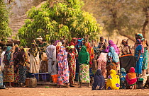 Ouled Rachid tribeswomen gathered to collect water from well, water is drawn from a communal well each day, village of Bon. Zakouma National Park, Chad, 2010.
