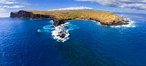 Aerial view of Kaunolu Bay and lighthouse, Lanai Island, Hawaii. June.