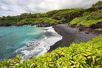 Sand beach at Waianapanapa State Park, Hana, Maui, Hawaii. June 2016.