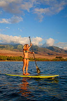Surf instructor Tara Angioletti on a stand-up paddle board off Canoe Beach, Maui. Hawaii..