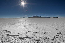 RF- Landscape of salt pan with sun high above, Salar de Uyuni, Altiplano, Bolivia, April 2017. (This image may be licensed either as rights managed or royalty free.)