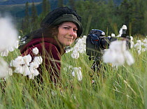 Photographer Orsolya Haarberg photographing flowering Cottongrass (Eriophorum angustifolium). Sjaunja Nature Reserve, Laponia World Heritage Site, Swedish Lapland, Sweden. July 2013.