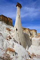 Cap-rock pinnacle called hoodoo, Wahweap Hoodoos, Grand Staircase-Escalante National Monument, Utah, USA, March.