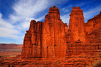 Eroded sandstone cliffs, Fisher Towers Recreation Site, Moab, Utah, USA. March 2014.