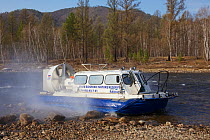 Hivus-10 hovercraft at start of expedition on the Temnik River, Baikal Nature Reserve, Buryatia, Siberia, Russia, May 2015.