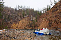 Hivus-10 hovercraft  used for expedition on the Temnik River, Baikal Nature Reserve, Buryatia, Siberia, Russia, May 2015.