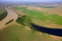 Aerial view of the meandering Saint George branch of the Danube river, Danube Delta Biosphere Reserve UNESCO World Heritage Site, Romania, May 2014. Photographed for The Freshwater Project