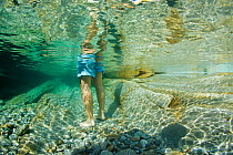 Underwater view man's legs and feet in the Verzasca River, Lavertezzo area, Canton Tessin, Switzerland, September. Photographed for the Freshwater Project.