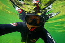 Photographer Michel Roggo  snorkelling in the Sense river, Cantons of Fribourg and Bern, Switzerland. July.  Photographed for The Freshwater Project.
