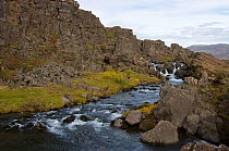 Oxara river, in the rift between the North American and Eurasian  tectonic plates at Thingvellir, Thingvellir National Park, UNESCO World Heritage Site, Iceland. September 2009. Photographed for the F...