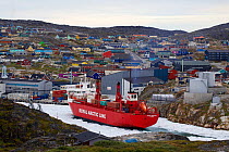 Illulissat harbour with container ship, which brings goods twice a year. Ilulissat Icefjord UNESCO World Heritage Site, Greenland. August 2014. Photographed for The Freshwater Project