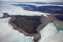 Aerial view of the Sermeq Kujalleq Glacier or Jakobshavn Isbrae, entering the sea, near  Ilulissat Icefjord UNESCO World Heritage Site, Greenland. August 2014 Photographed for the Freshwater Project.