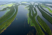 Aerial view of flooded forests, Anavilhanas Archipelago, Anavilhanas National Park, Rio Negro, Amazonas, Brazil February 2011. Photographed for The Freshwater Project