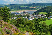 View of the town of Conwy from Conwy Mountain, showing the castle with the River Conwy behind, North Wales, UK, August 2017.
