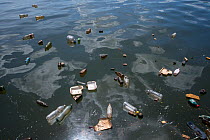 Plastic pollution floating on the surface of the water in the harbour of Havana, Cuba.