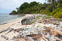 Plastic waste, mainly bottles,   washed up on beach of uninhabited island in the South China Sea.