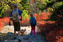 Boy and girl hiking with backpacks through Acadia National Park, Maine, USA. October 2013. Model released.