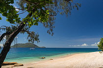 Nudey Beach with boat, Fitzroy Island, Tropical Far North Queensland, Australia. January 2016.