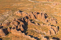 Aerial view of the Bungle Bungles. The rock formations are caused by erosion of karst sandstone, Purnululu National Park, UNESCO World Heritage Site, Kimberley, Western Australia. August 2016.