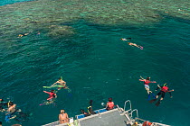 Snorkellers swimming the reefs of the Great Barrier Reef with a semi-submesible carrying tourists to see the reef from underwater, Great Barrier Reef, Queensland, Australia October 2016.