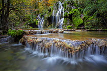 Tufs waterfall, Cuisance river, in autumn Jura, Les Planches-pres-Arbois, France, October.