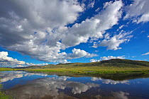 Landscape and reflections in water, Sanjiangyuan National Nature Reserve, Qinghai Hoh Xil UNESCO World Heritage Site, Qinghai-Tibet Plateau, Qinghai Province, China.
