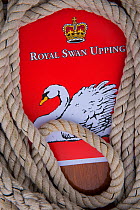 Sign for the Royal Swan Upping and rope,  the Swan upping is the annual census and marking of the Swans on the River Thames. England, UK, July 2016.
