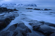 Rocky coast of Flakstadoya, Norway, February.