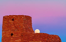 Wukoki Ruins with autumn full moon rising  after sunset.  Wupatki National Monument, Arizona, USA. October.