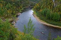 Canoe on Podcherem River, Yugyd Va Nature Reserve, Virgin Forests of Komi UNESCO World Heritage Site, Ural Mountains of Russia, September 2016