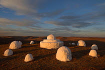 Traditional mongolian Ovoo shrine / Buddhist shrine near border between Russian and Mongolia.  Daurian Nature Reserve. Daurian Steppes UNESCO World Heritage Site, Zabaykalsky Krai, Siberia, Russia, Ju...