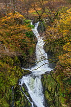 Llanberis Waterfall, also known as Ceunant Mawr Waterfall, on the Afon (River) Arddu,  near Llanberis, North Wales, UK, November 2017.
