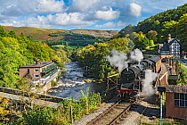 Steam train leaving Berwyn station beside the River Dee and the Chainbridge Hotel on the Llangollen Heritage Railway  to Corwen North Wales, UK, September 2017.