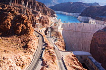 The Hoover Dam and Lake Mead hydro electric plant, which is at very low levels following a four year drought. Border of Nevada and Arizona, USA.