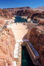 The Hoover Dam and Lake Mead hydro electric plant, which is at very low levels following a four year drought. Border of Nevada and Arizona, USA.