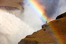 Rainbow over water flowing out of the Karahnjukar dam and Halslon reservoir, a massive new controversial hydro electricity project in North East Iceland. It was created by damming the Jokuls a Dal riv...