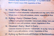 Menu featuring Whale curry, Chinese restaurant in Ilulissat, Greenland, July 2008.