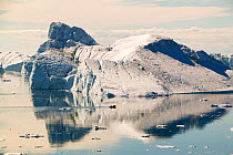 Inuit fishing boat sailing  through Icebergs from the Jacobshavn glacier or Sermeq Kujalleq, Greenland. July 2008.